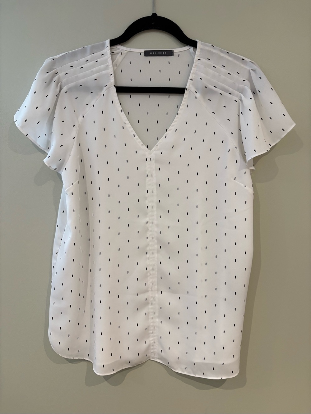 Suzy Shier White V-Neck Flutter Sleeve Dot-Print Blouse